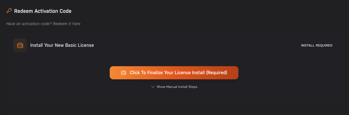 Account app button to finalize the license install