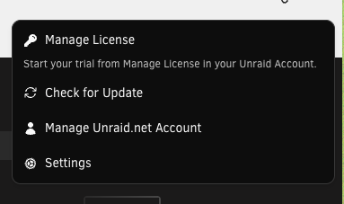 Unraid.net account menu showing the Manage License action